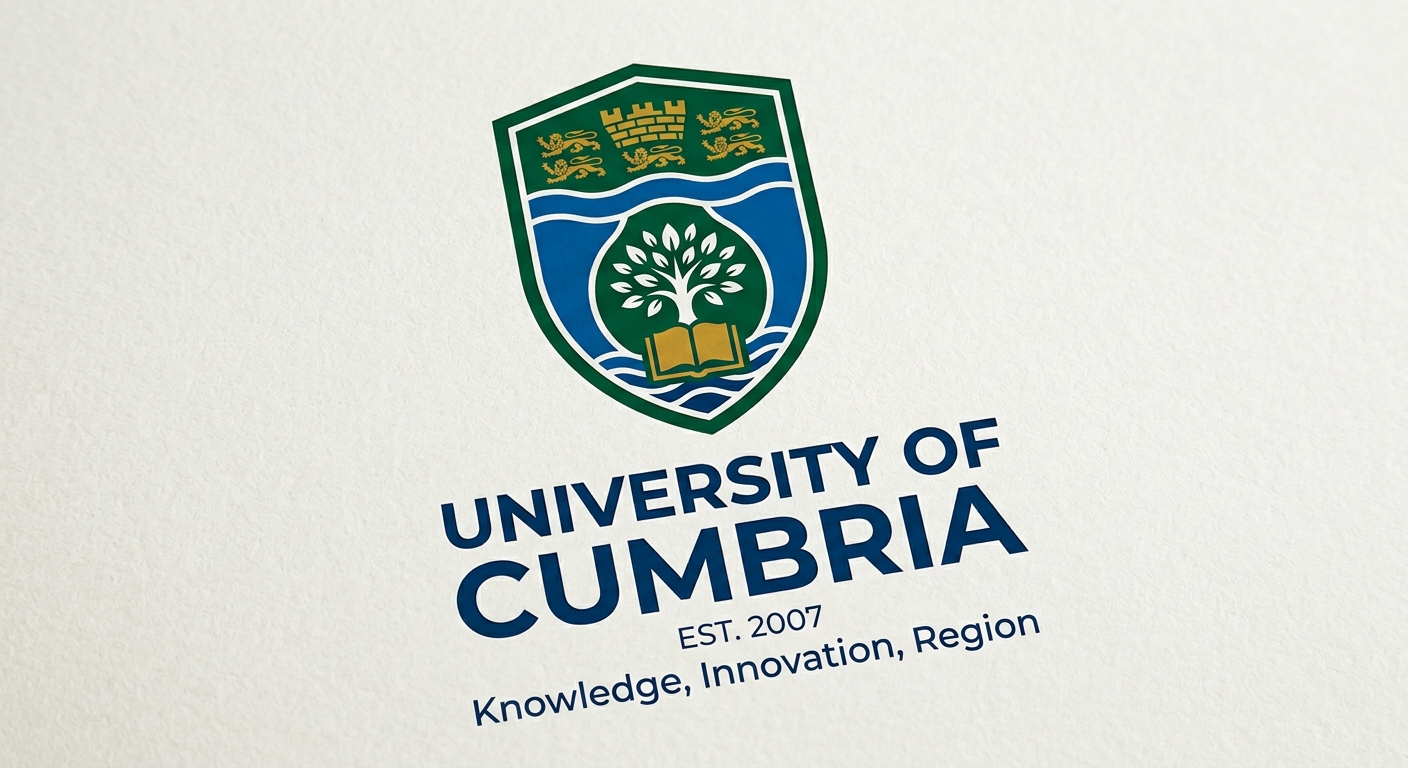 University of Cumbria official logo, shield emblem with green and blue colors, university name in modern typeface