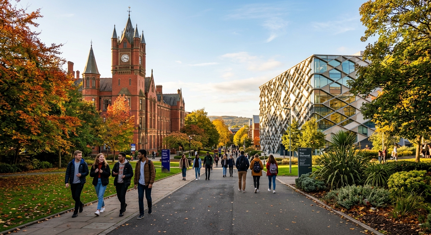 University of Sheffield campus with the iconic Firth Court building and modern Diamond building in the background, students walking along tree-lined paths in Sheffield, United Kingdom, autumn sunlight casting warm tones
