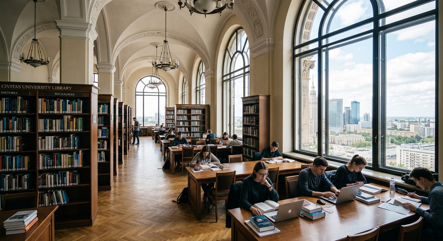 Civitas University library and reading hall on the 11th floor of the Palace of Culture and Science Warsaw, bookshelves and study desks with natural lighting
