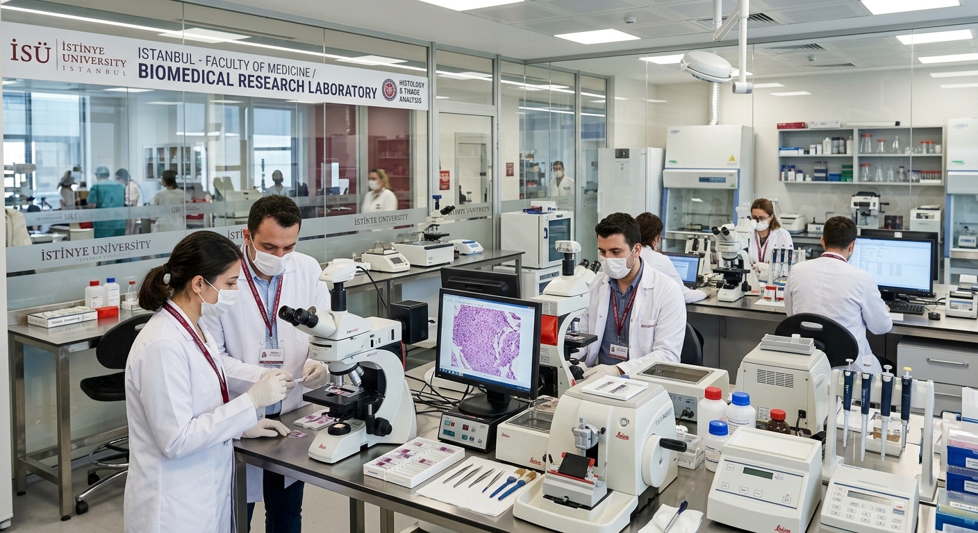 Modern biomedical research laboratory at Istinye University Istanbul, microscopes and histological slide preparation equipment, researchers in white lab coats examining tissue samples, bright clinical lighting with glass partitions