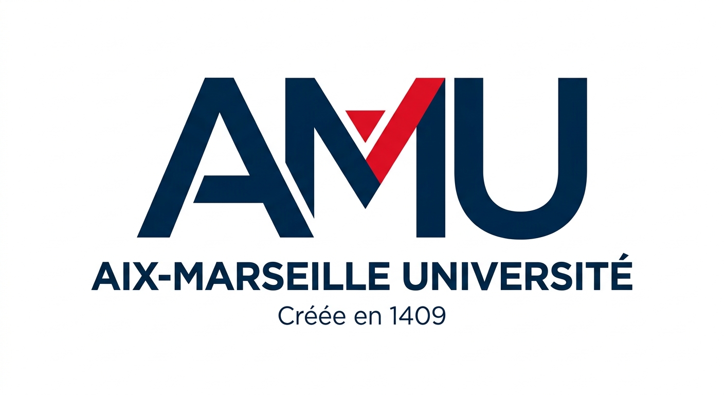 Aix-Marseille Université official logo, stylized AMU monogram in dark blue with red accent, clean modern design on white background
