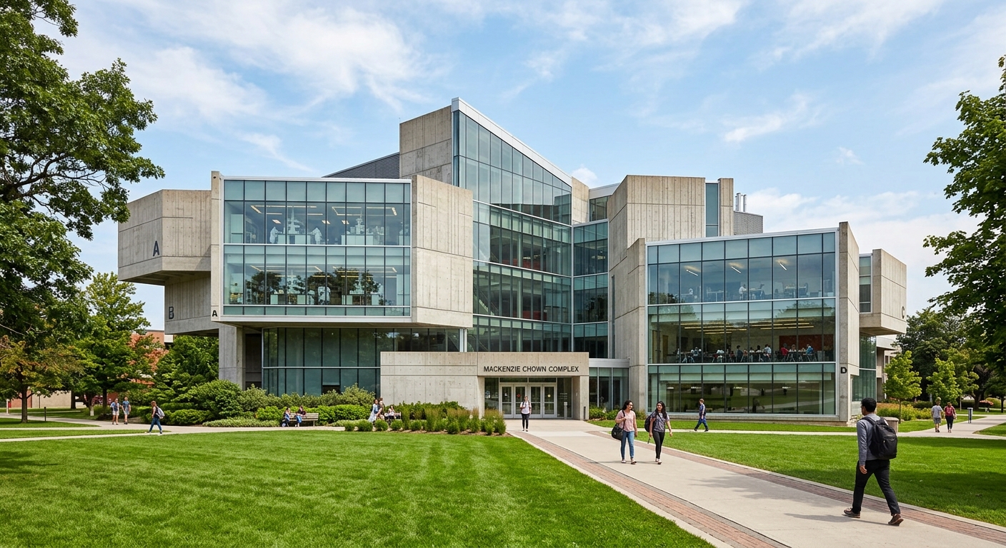 Brock University Mackenzie Chown Complex, modern concrete and glass academic building designed by Raymond Moriyama, science laboratories and seminar rooms, green lawn in foreground
