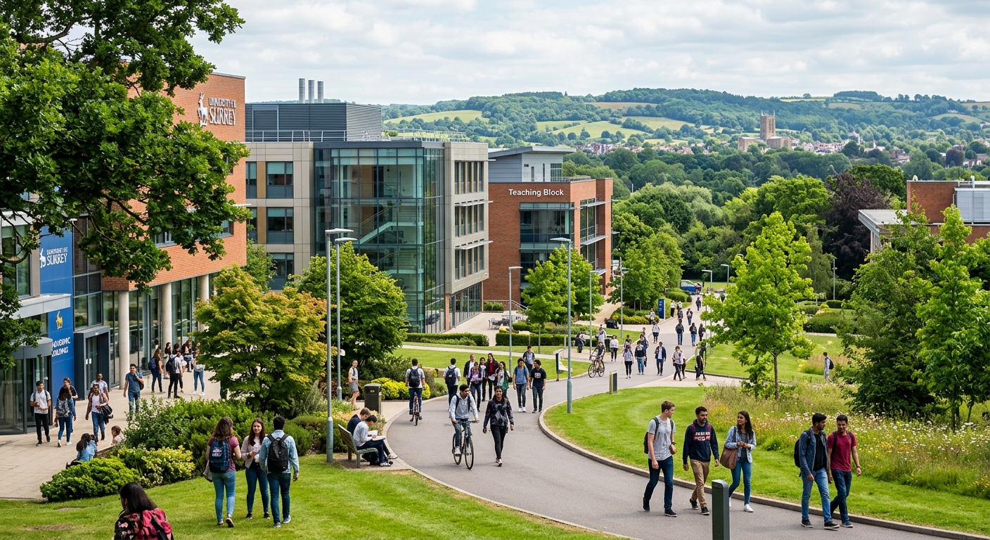 University of Surrey campus in Guildford with modern academic buildings, green landscaped grounds, and students walking along pathways, with the Surrey Hills countryside visible in the background