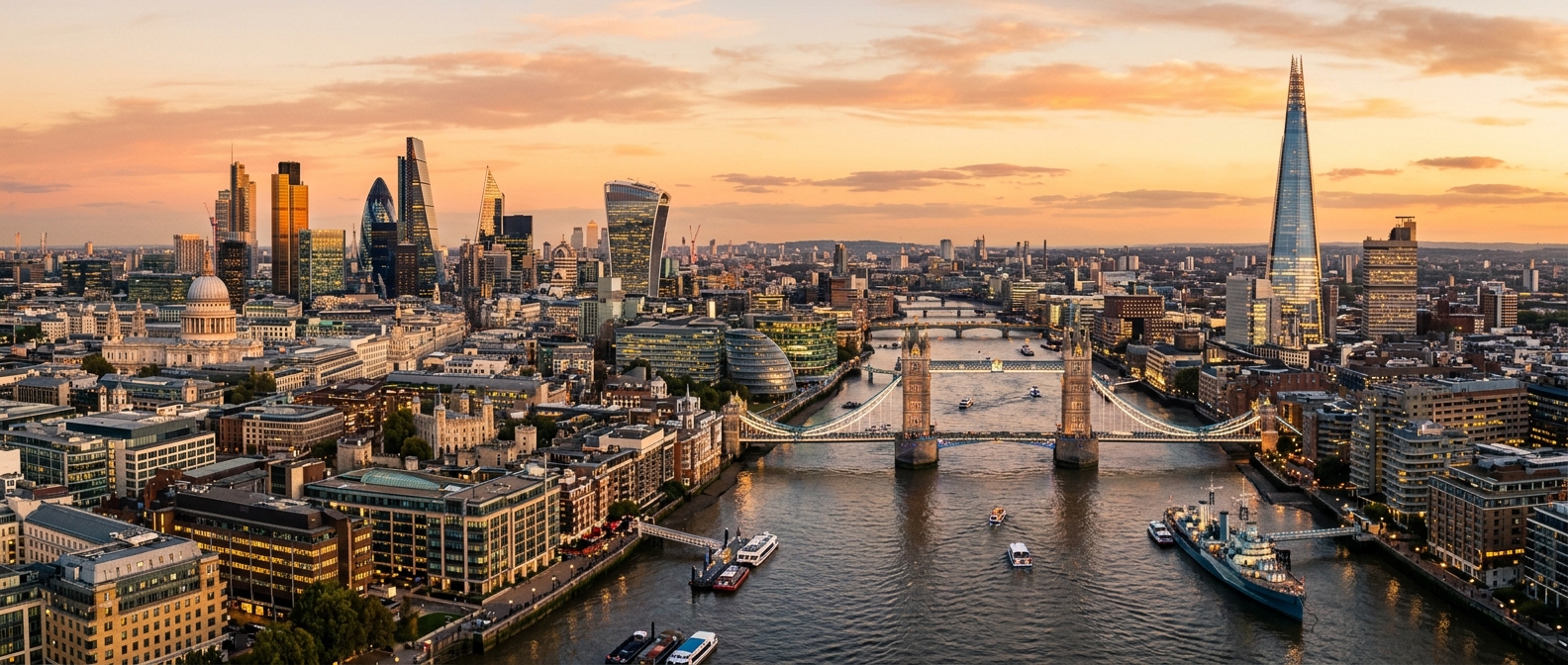 London skyline panoramic view showing the City of London financial district, Tower Bridge, the Shard, and the River Thames, with modern skyscrapers alongside historic architecture, golden hour lighting
