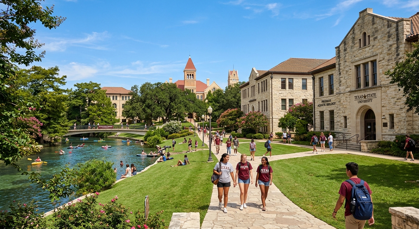 Texas State University campus in San Marcos with historic limestone buildings along the San Marcos River, green lawns, and students walking between science buildings under a clear blue Texas sky