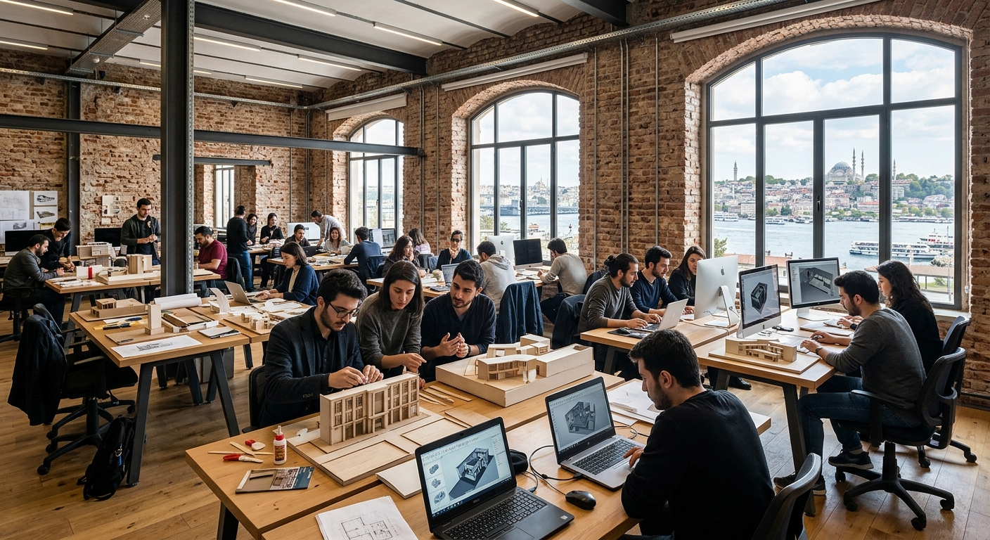 Modern design studio at Kadir Has University Cibali campus in Istanbul, students working on architectural models and digital renderings, restored Ottoman tobacco factory building with exposed brick walls, natural light streaming through large industrial windows, Golden Horn waterfront visible in background