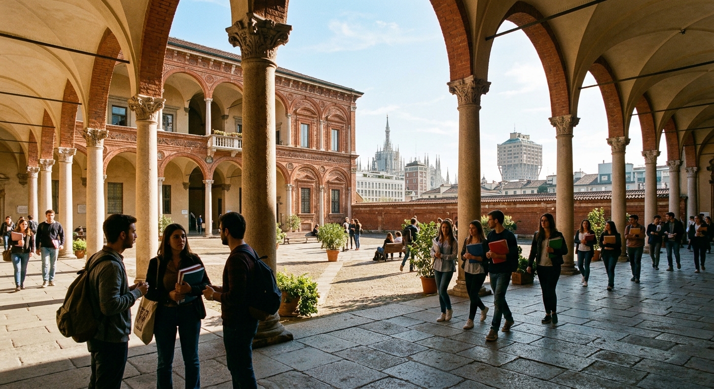 Historic University of Milan campus courtyard with arched colonnades, students walking with books, Italian Renaissance architecture, warm sunlight casting shadows on stone floors, Milan cityscape in the background