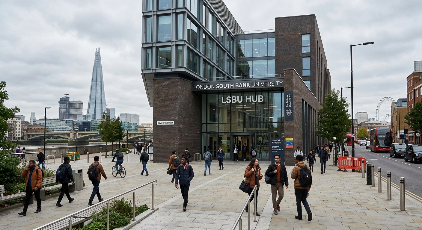 London South Bank University modern campus building in Southwark with the LSBU Hub, students walking near the entrance, London cityscape with the Shard visible in the background, overcast sky typical of London