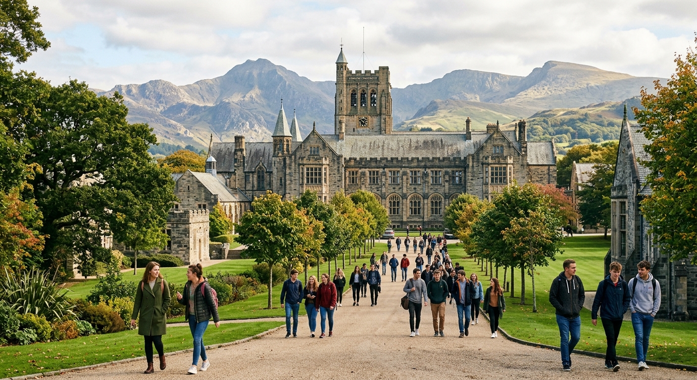 Historic Bangor University main building with Victorian architecture, green campus grounds, mountains of Snowdonia visible in the background, students walking along tree-lined paths in North Wales