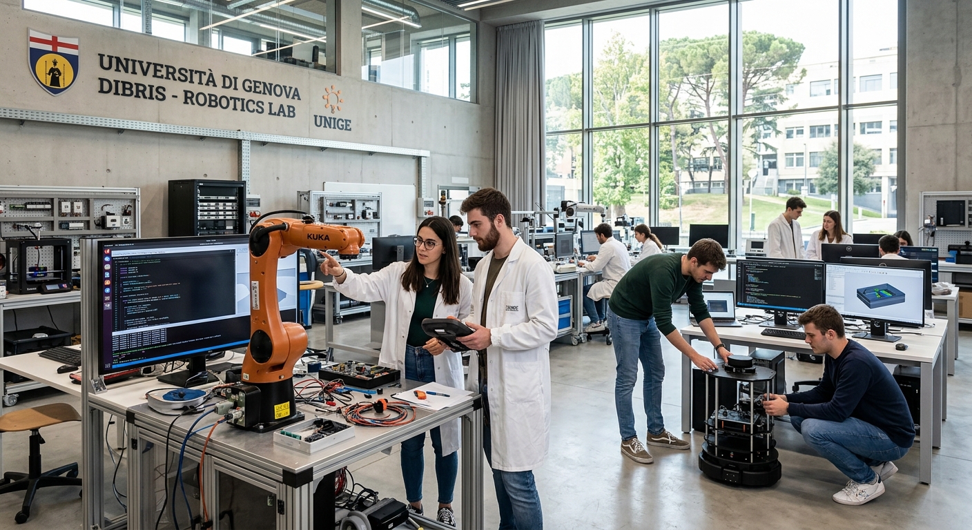 Modern engineering laboratory at the University of Genoa Albaro campus, students working with robotics equipment and computer screens, bright contemporary interior