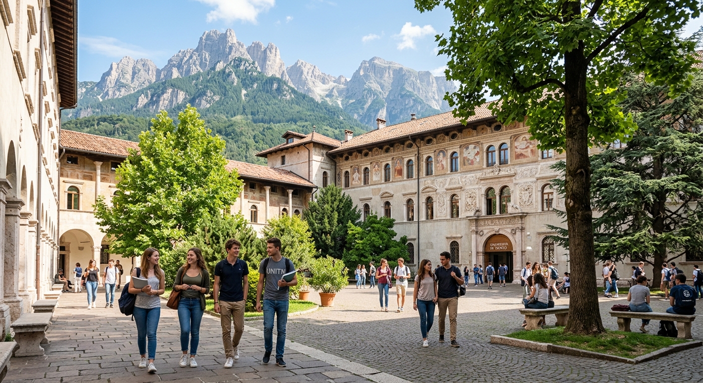 University of Trento campus with historic Italian architecture surrounded by the Dolomite mountains, students walking through a sunlit courtyard with green trees and alpine scenery in the background
