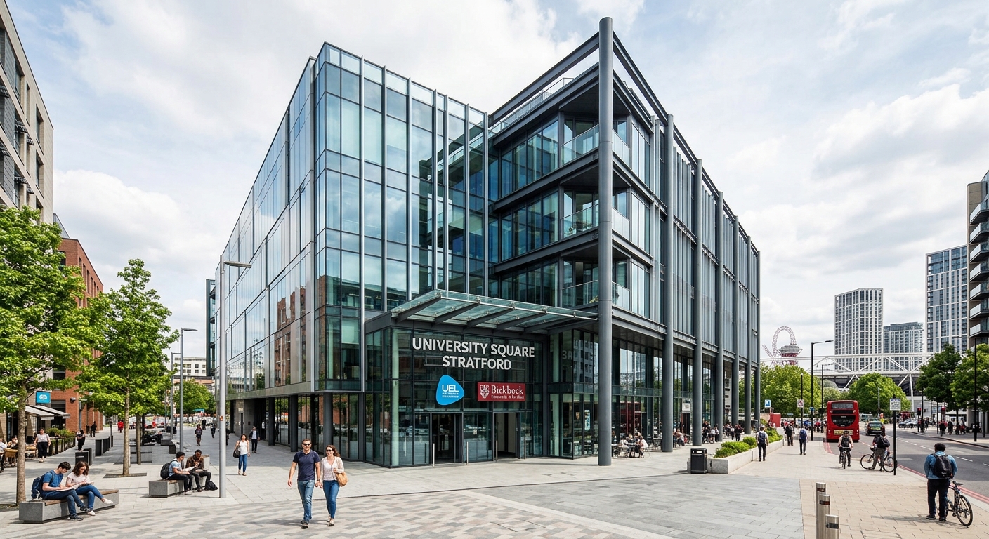 University Square Stratford modern glass and steel building exterior, contemporary architecture, urban setting near Stratford town centre