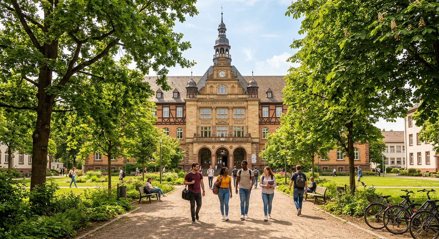 Justus Liebig University Giessen campus building with historic architecture, green courtyard, students walking along tree-lined paths, Faculty of Psychology and Sport Sciences, warm daylight in Giessen Germany