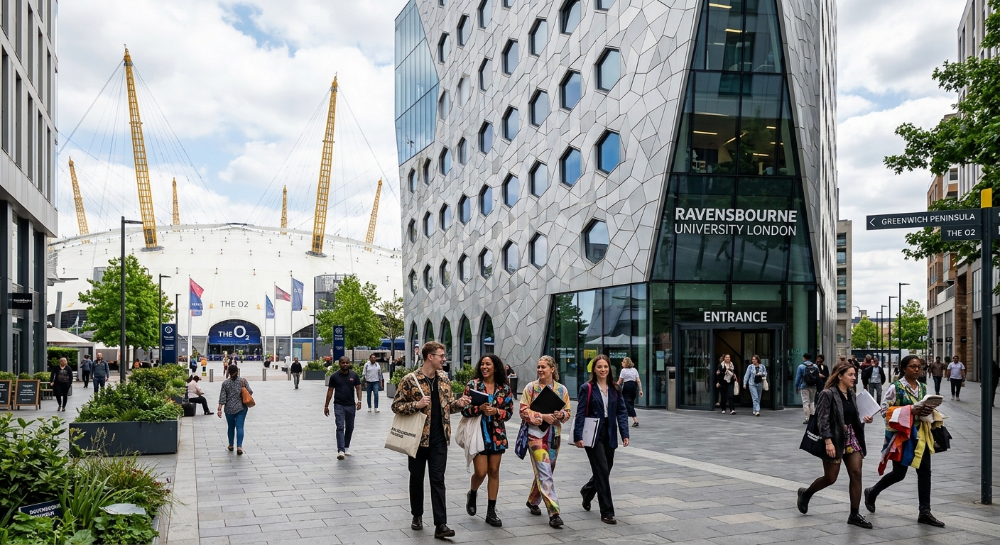Modern Ravensbourne University London campus building on Greenwich Peninsula next to the O2 Arena, with fashion design students walking outside, contemporary glass architecture, creative district setting