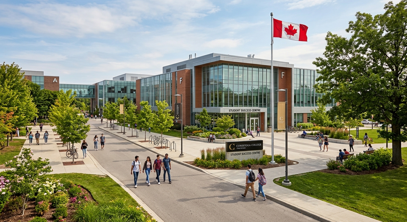 Modern Conestoga College Doon campus building in Kitchener Ontario with students walking along tree-lined pathways, Canadian flag visible, contemporary architecture with glass facades and green landscaping