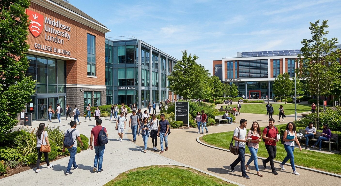 Middlesex University Hendon campus in north London with modern academic buildings, green spaces, and students walking between lecture halls on a sunny day