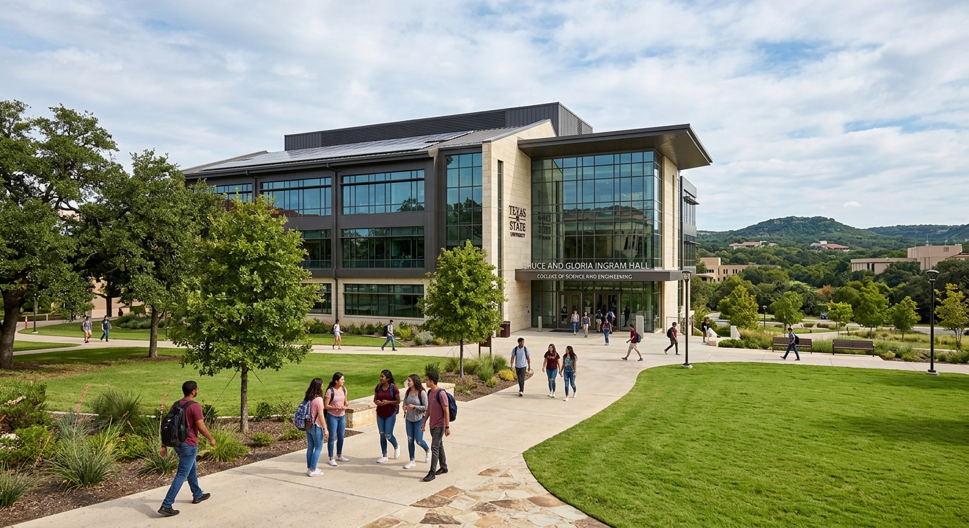 Modern engineering building at Texas State University in San Marcos, Texas with students walking on campus pathways, green lawns, and the Texas Hill Country landscape in the background