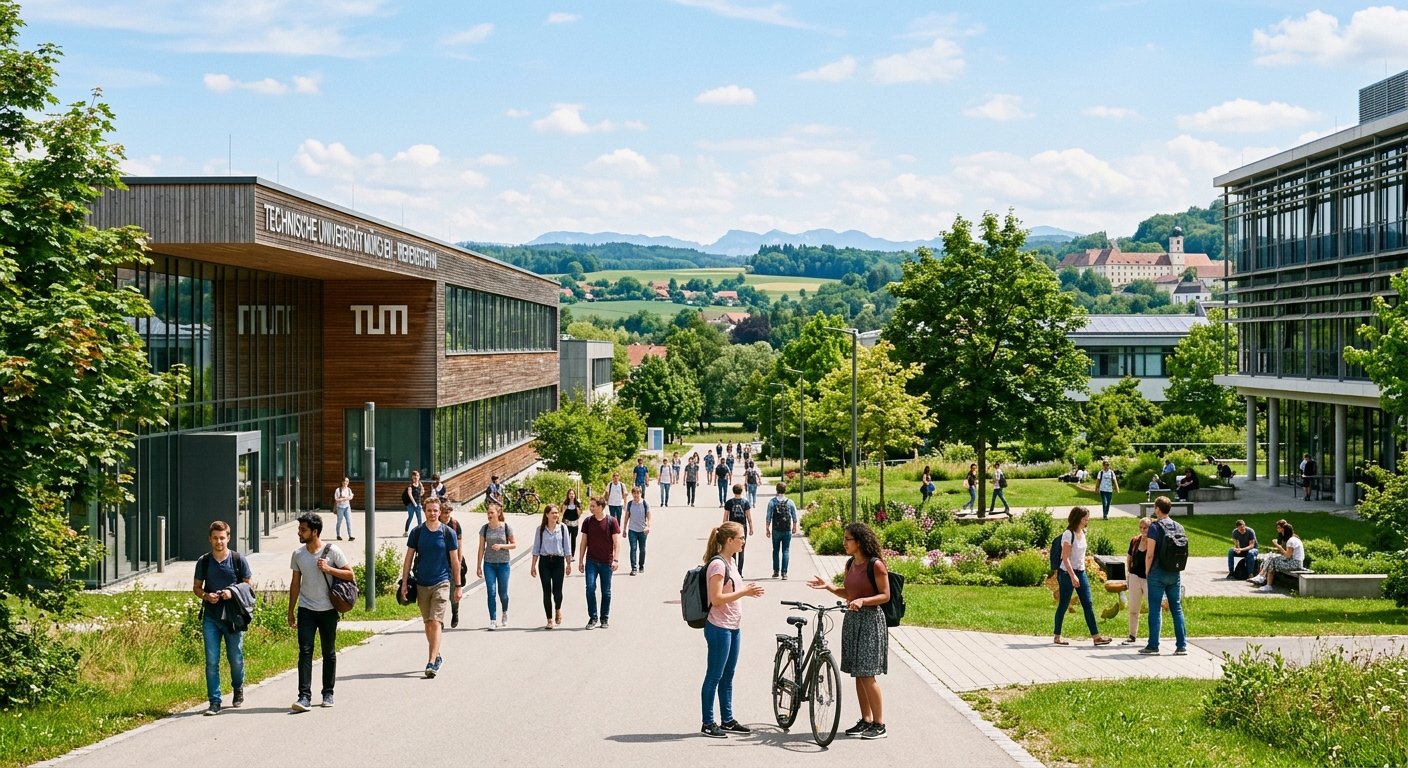 Modern TUM campus in Weihenstephan with green landscaped grounds, students walking between faculty buildings, Bavarian countryside in background, bright daylight, educational atmosphere