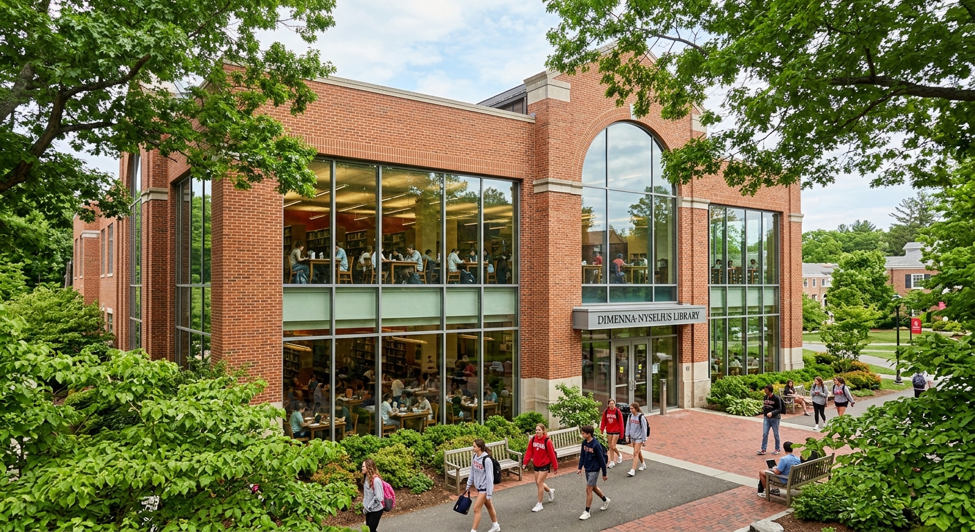 DiMenna-Nyselius Library at Fairfield University, brick building with large windows, students studying inside, green trees surrounding