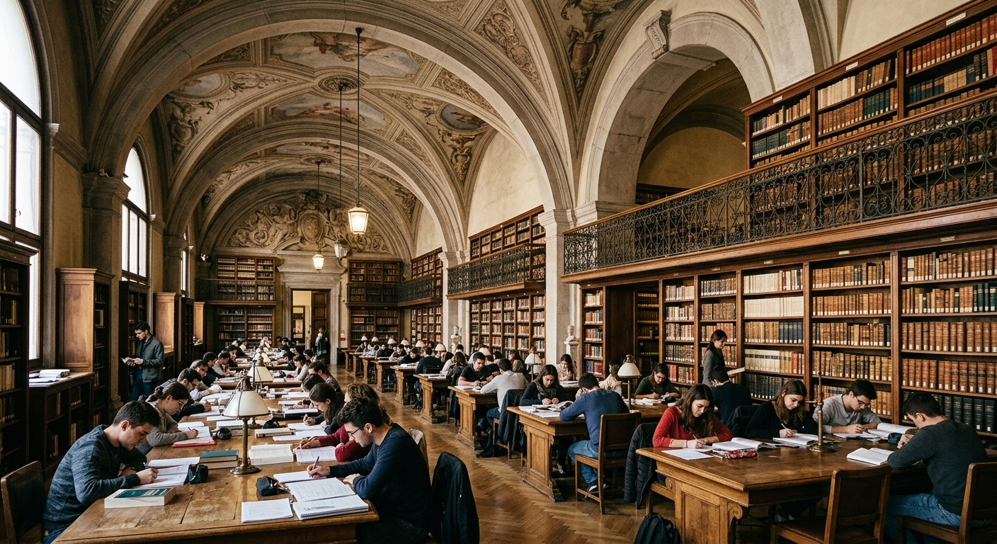Ca' Foscari University library interior, historic reading room with arched ceilings, students studying at wooden desks, bookshelves with academic volumes, warm ambient lighting
