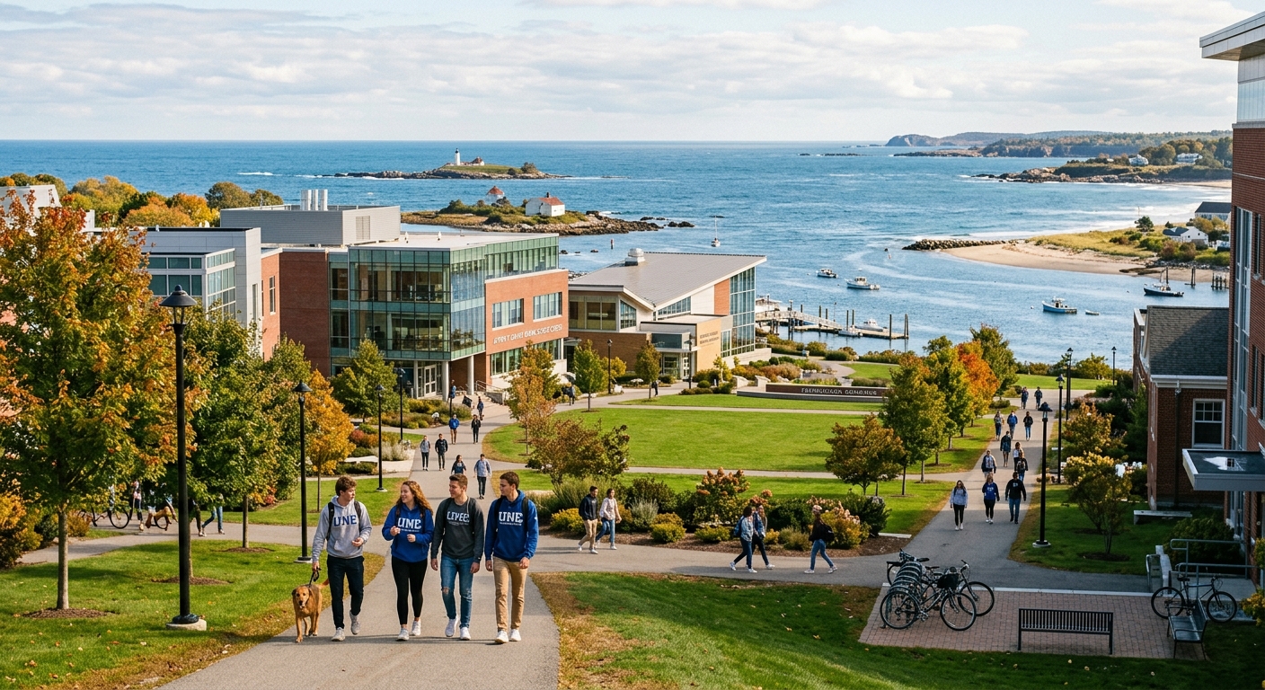 University of New England Biddeford campus with modern academic buildings surrounded by coastal Maine landscape, students walking along tree-lined pathways near the Saco River with the Atlantic Ocean in the background