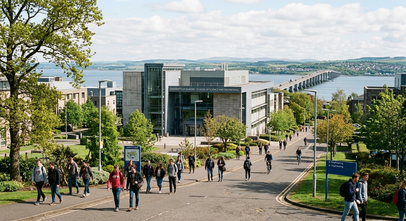 University of Dundee campus with modern engineering building, view of the River Tay in the background, students walking along tree-lined pathways in Dundee Scotland