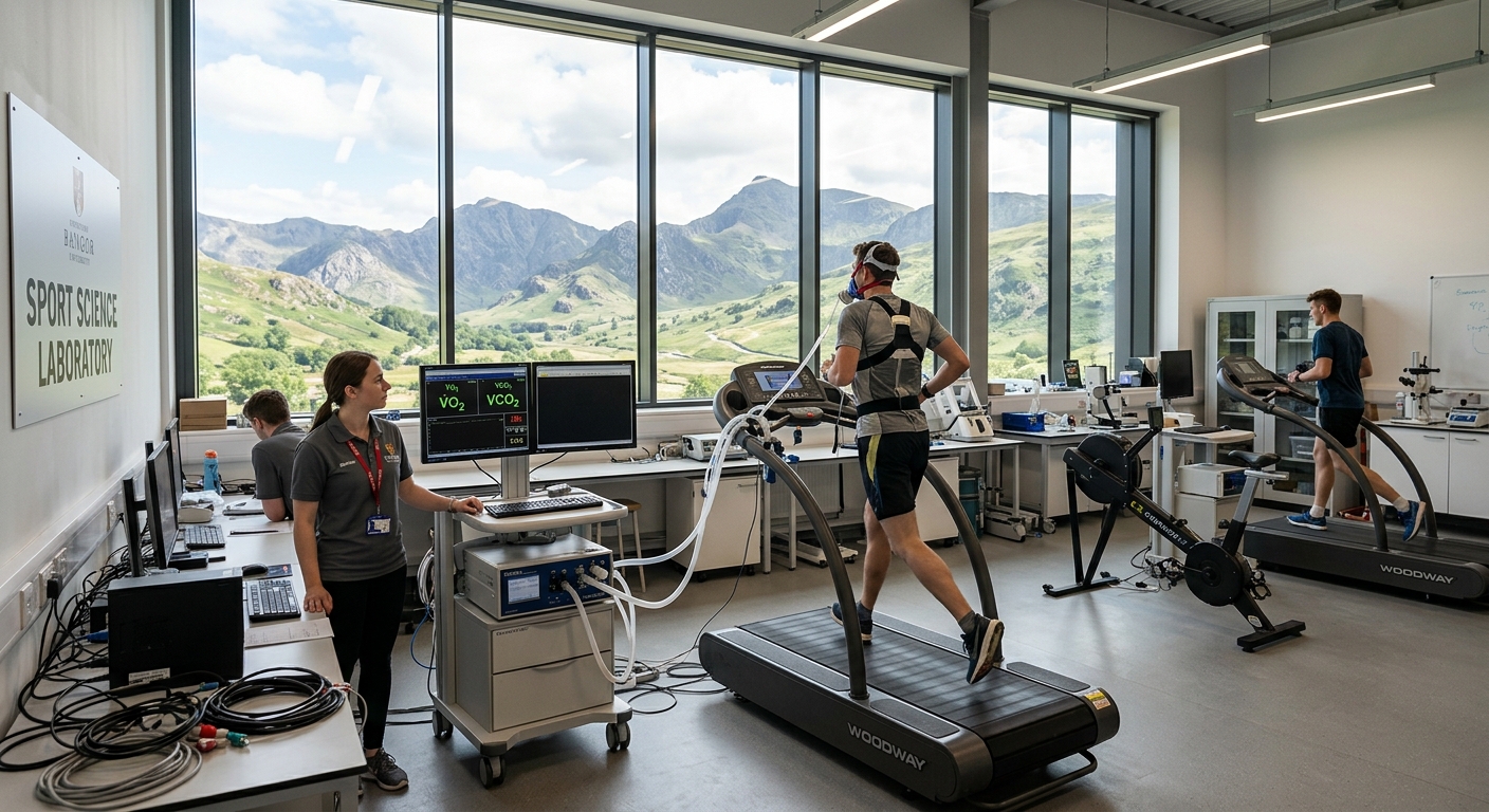 Modern sport science laboratory at Bangor University with exercise physiology testing equipment, treadmills with gas analysis systems, and mountains of Snowdonia visible through large windows in North Wales