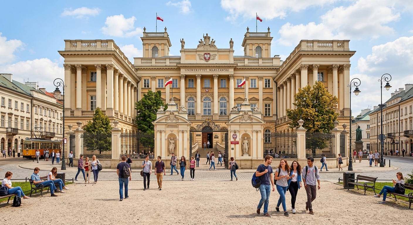 Historic University of Warsaw main campus building on Krakowskie Przedmiescie street, classical architecture with columns, students walking in courtyard, sunny day in Warsaw Poland