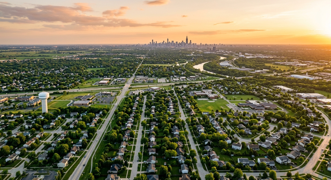 Suburban Romeoville Illinois landscape with Chicago skyline visible in distant background, green residential neighborhoods, flat Midwest terrain, golden hour lighting