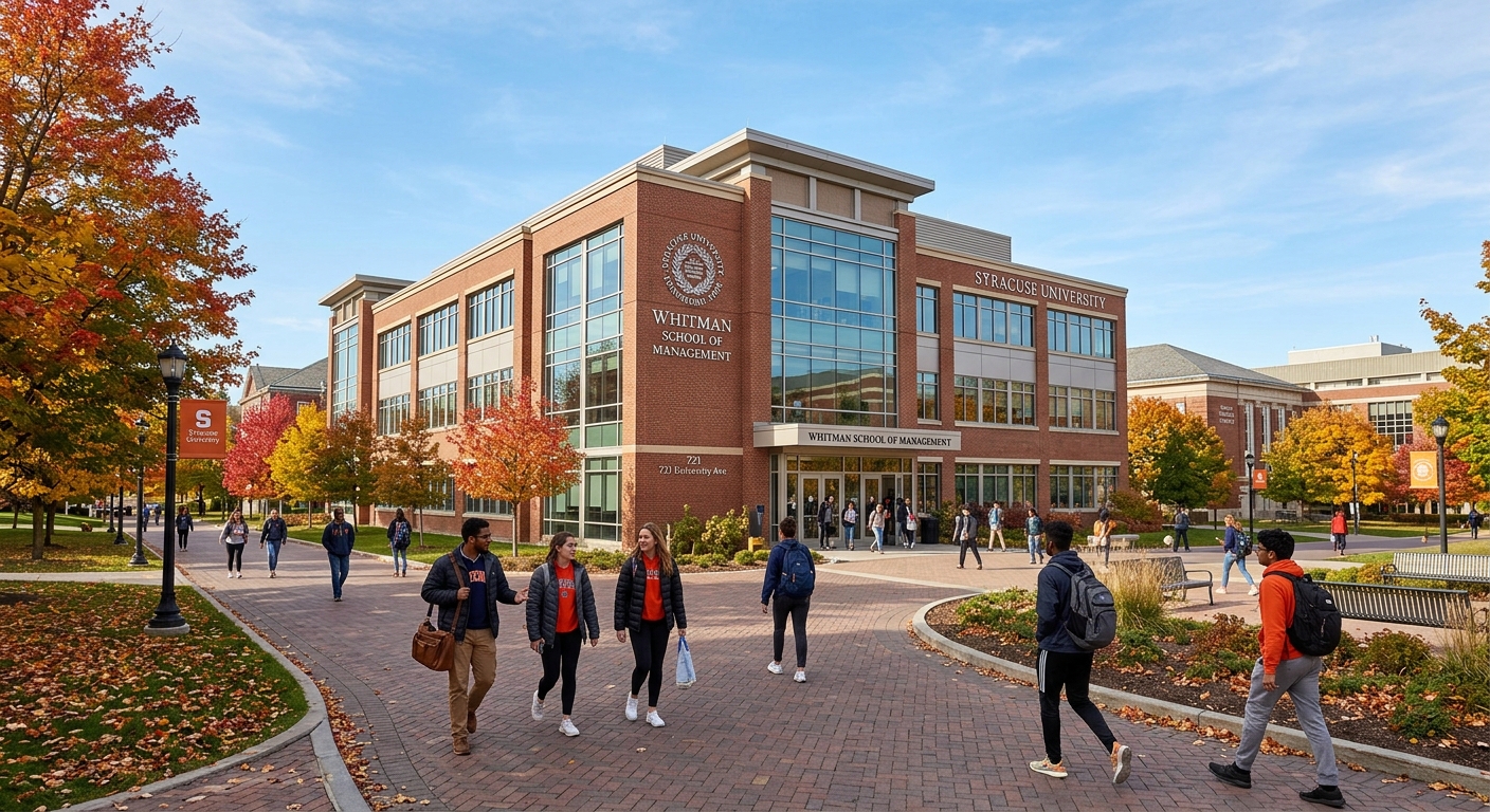 Syracuse University Whitman School of Management building exterior with students walking on campus pathways, autumn foliage on trees, clear sky over the Syracuse New York campus