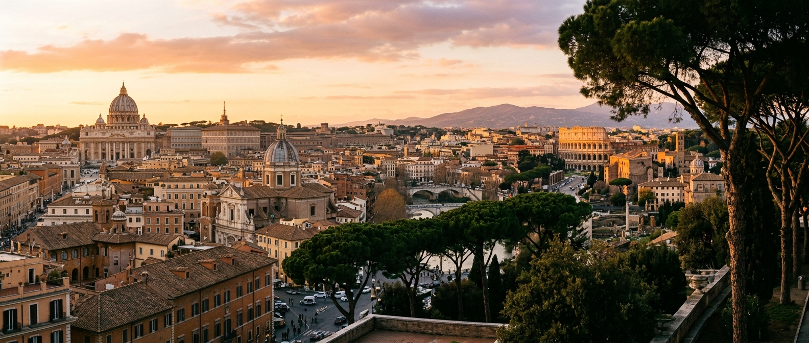 Panoramic view of Rome skyline at golden hour, featuring the Colosseum, St Peters Basilica dome, ancient ruins, terracotta rooftops, and umbrella pine trees