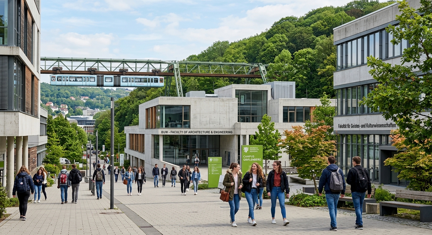 Modern university campus building at University of Wuppertal with green hillside backdrop, students walking between concrete faculty buildings, Wuppertal Schwebebahn monorail visible in the distance, bright daylight