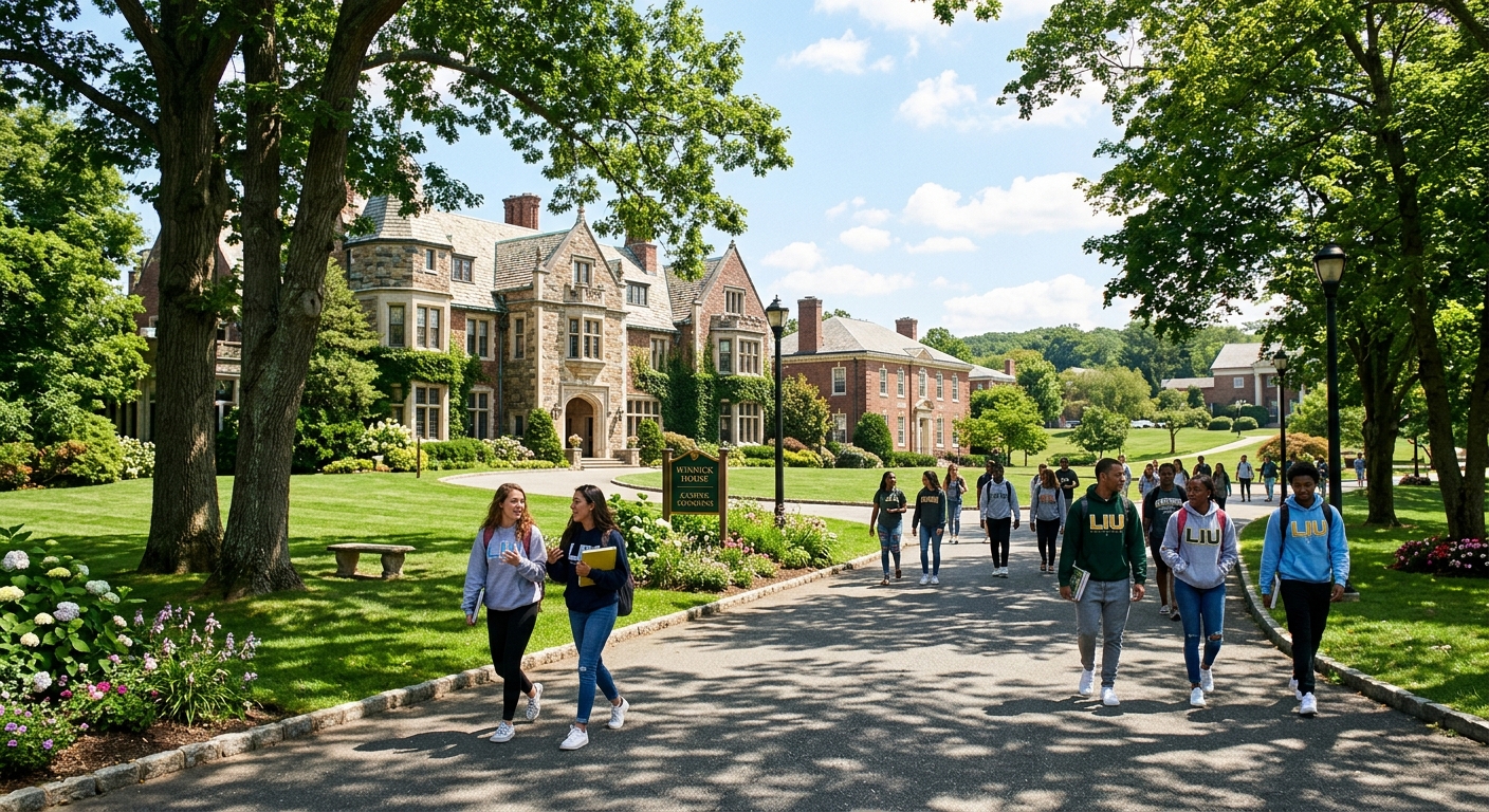 Long Island University Post campus with historic Gold Coast mansion buildings, green lawns, and students walking along tree-lined pathways on a sunny day in Brookville, New York