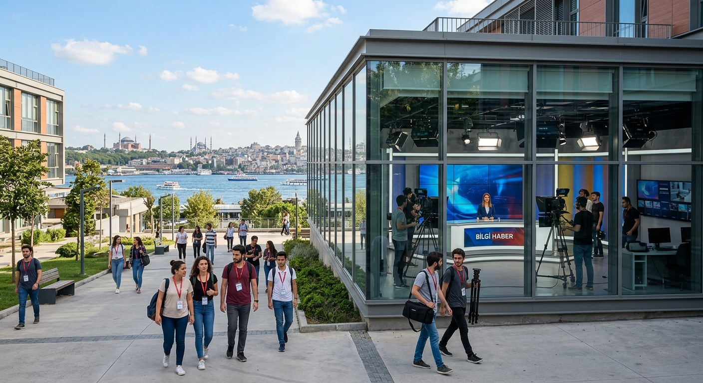Modern university campus in Istanbul with students walking near a contemporary media building, professional film and television studios visible through glass windows, bright daylight with the Istanbul skyline in the background