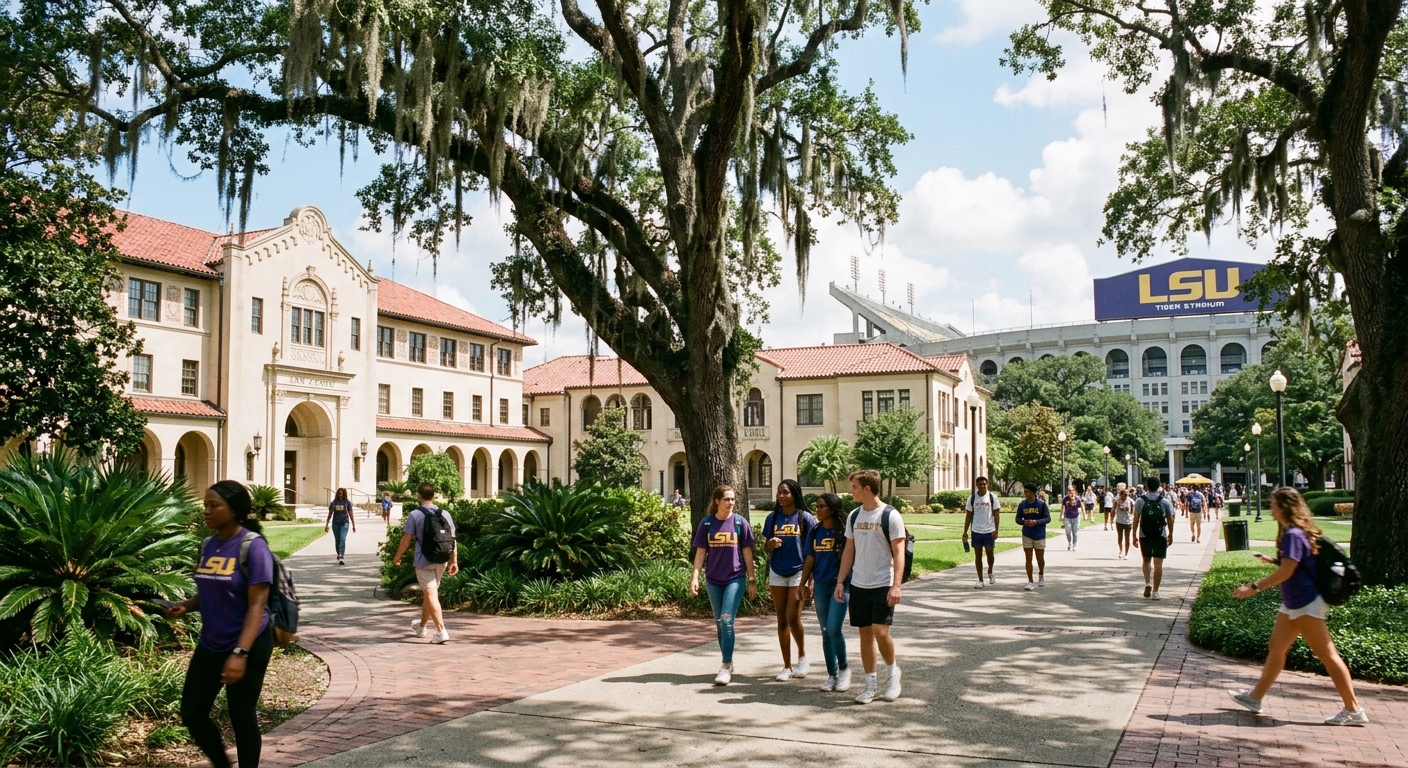 Louisiana State University campus in Baton Rouge with iconic Italian Renaissance-style buildings, live oak trees draped with Spanish moss, students walking along shaded pathways, and the LSU Tiger Stadium visible in the background under a sunny Louisiana sky