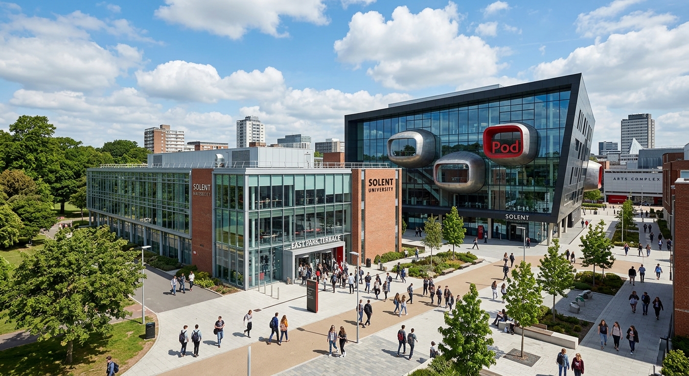 Solent University campus wide shot showing The Spark building and East Park Terrace in Southampton city centre, modern architecture with glass facades, students walking across the campus plaza, blue sky with scattered clouds