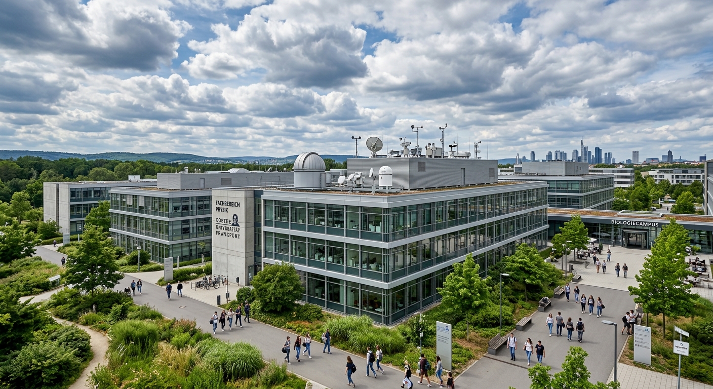Modern Riedberg Campus of Goethe University Frankfurt with science buildings, atmospheric research observatory equipment on rooftop, green surroundings, and students walking between contemporary glass and concrete faculty buildings under a dramatic sky with cumulus clouds