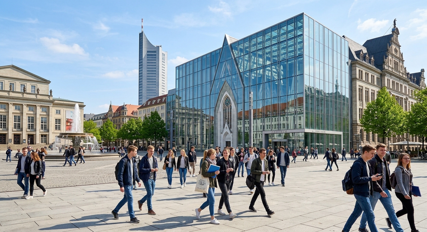 Historic University of Leipzig Augusteum main building with modern glass facade on Augustusplatz, students walking across the campus square on a sunny day, European city center architecture in the background