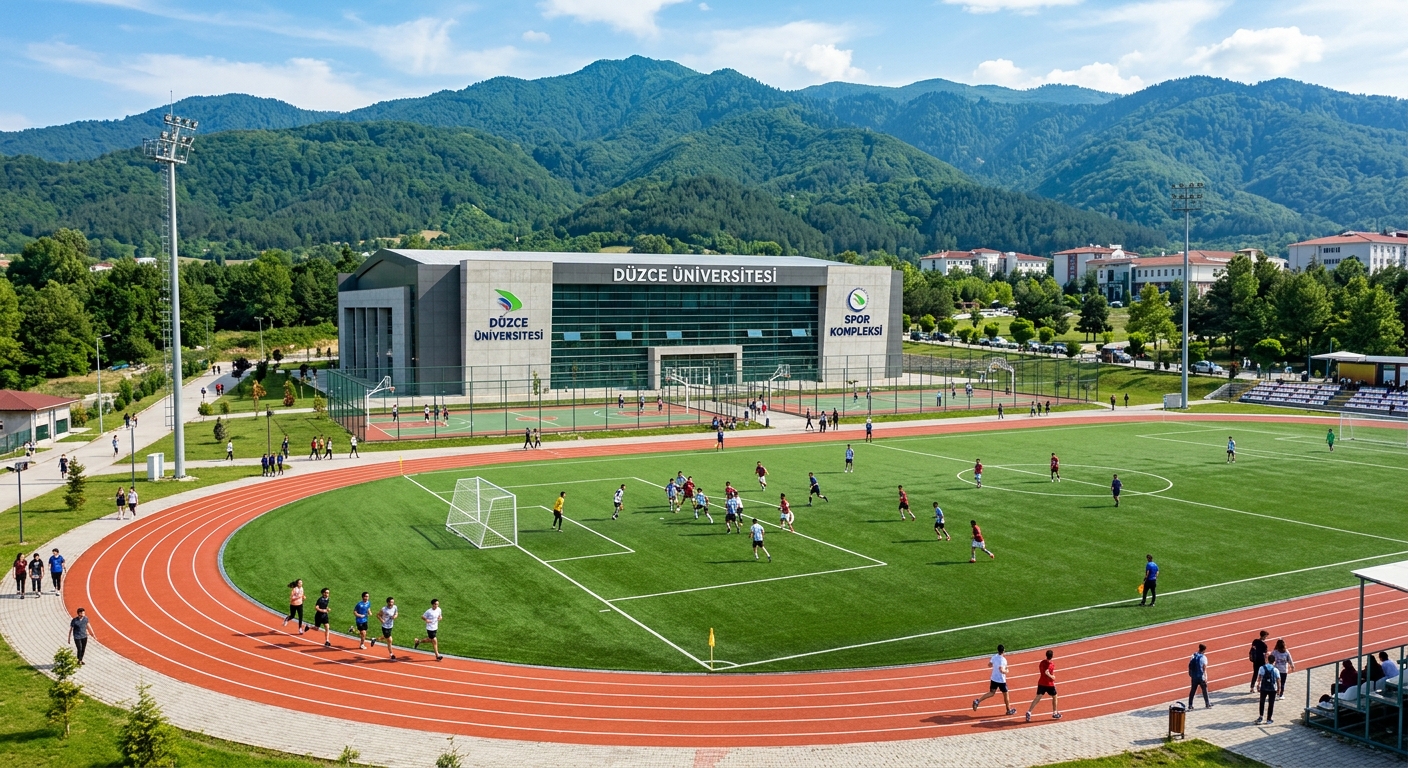 Düzce University sports complex with outdoor football field, running track, gymnasium building, students exercising, mountain backdrop