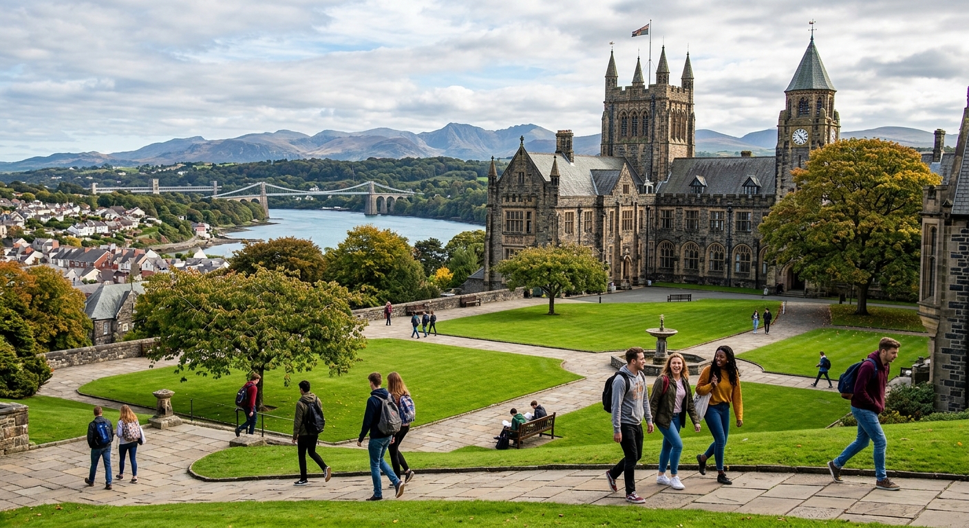 Bangor University campus with historic stone buildings set against the dramatic backdrop of Snowdonia mountains and the Menai Strait in North Wales, students walking across green courtyards