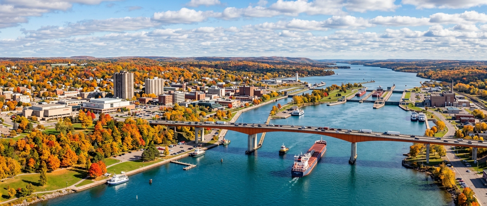 Panoramic view of Sault Ste. Marie, Ontario, Canada showing the St. Mary's River, the International Bridge connecting Canada and the United States, colourful autumn foliage, and the city skyline