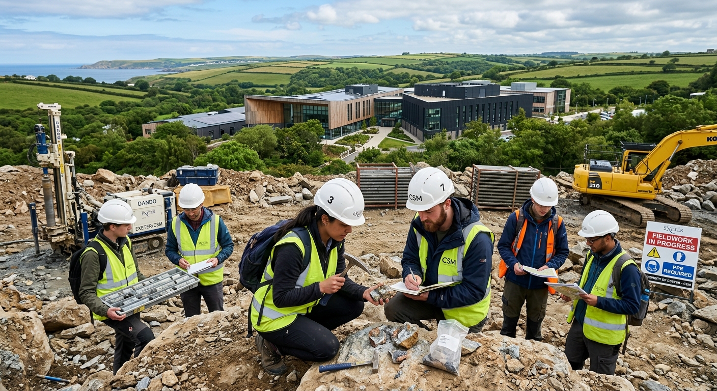 Penryn Campus in Cornwall with modern university buildings surrounded by green landscapes, students in hard hats examining geological samples during fieldwork at a mine site, engineering equipment visible