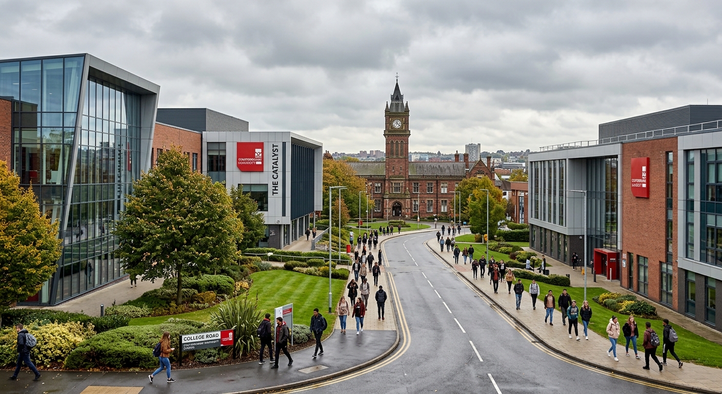 Staffordshire University main campus in Stoke-on-Trent, modern academic buildings along College Road, the Cadman Building visible in background, green landscaped areas, students walking between buildings, overcast English sky
