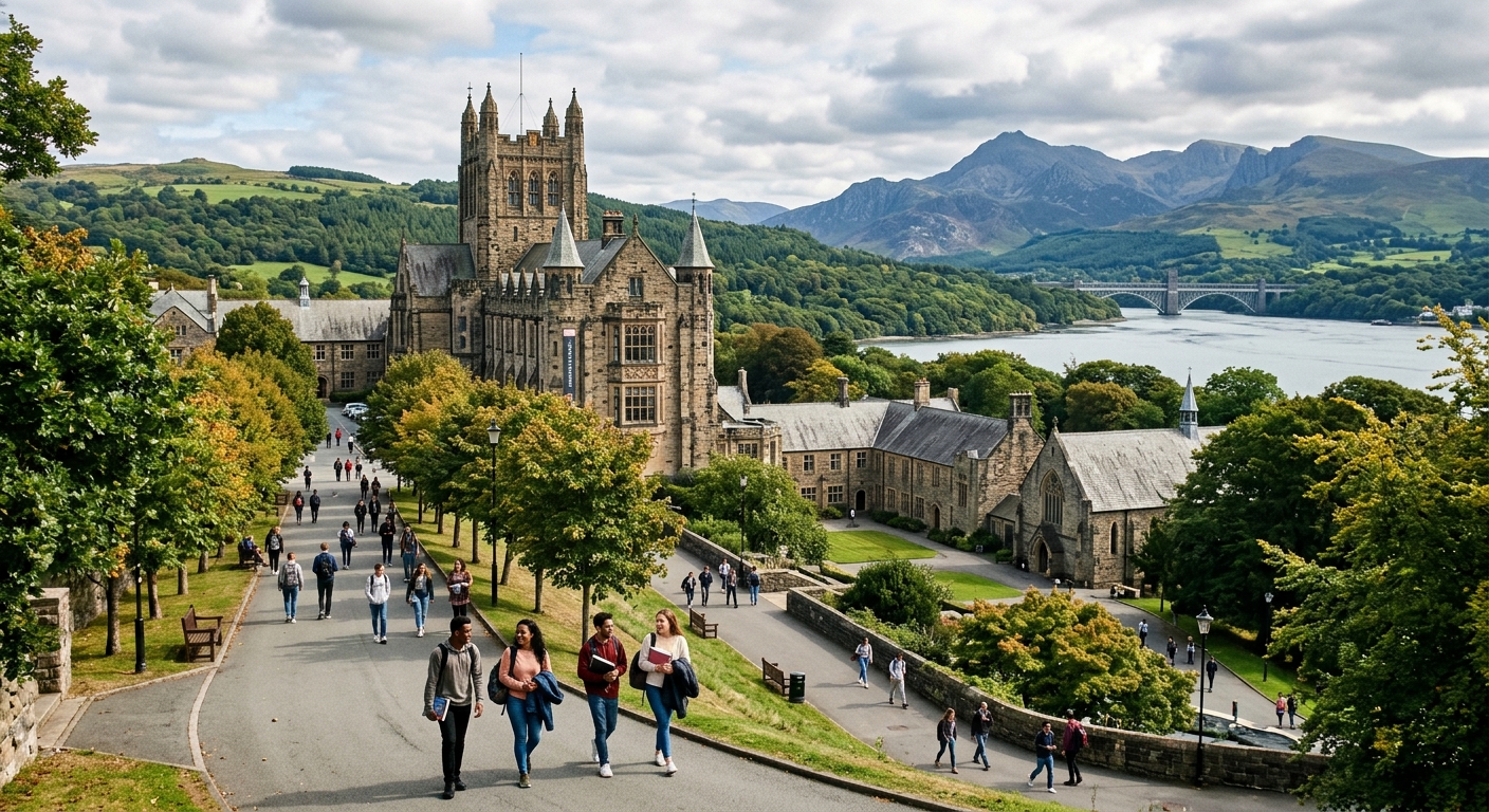 Bangor University campus in North Wales with historic stone buildings, green hills in the background, Snowdonia mountains visible, students walking along tree-lined paths near the Menai Strait