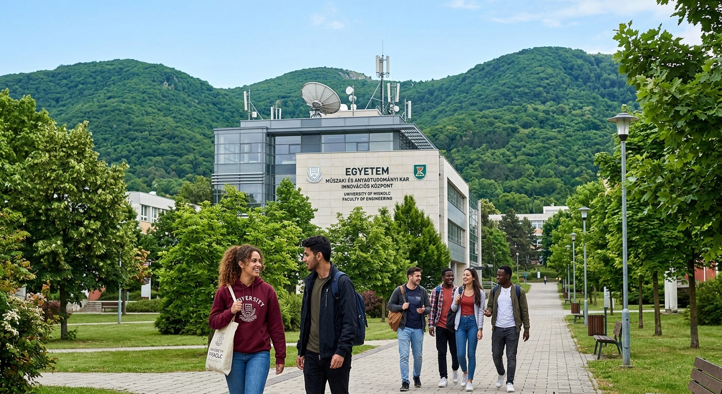 University of Miskolc campus surrounded by lush green Bükk Mountains in Hungary, modern engineering laboratory building with satellite dish on rooftop, international students walking along tree-lined campus pathway, clear blue sky