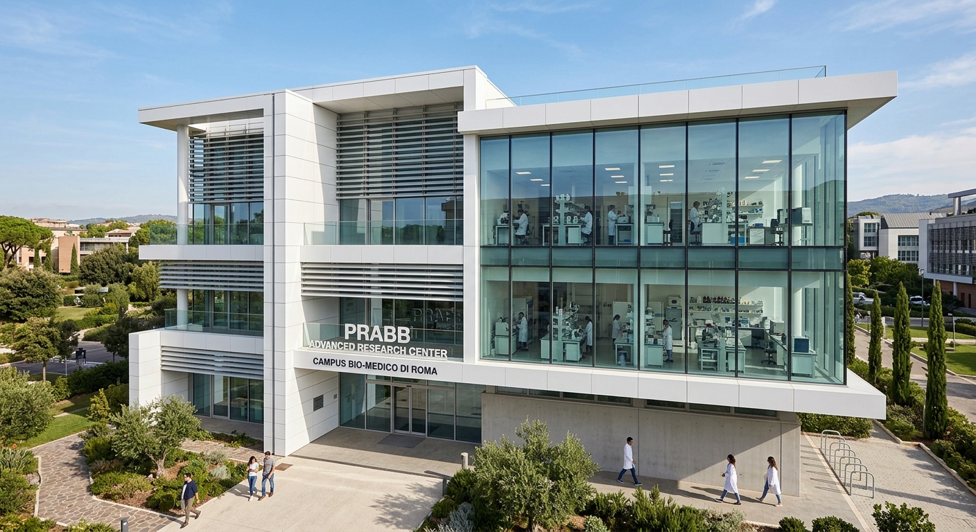 PRABB Advanced Research Center at Campus Bio-Medico, modern laboratory building exterior with clean white and glass design, research equipment visible through windows, Rome Italy