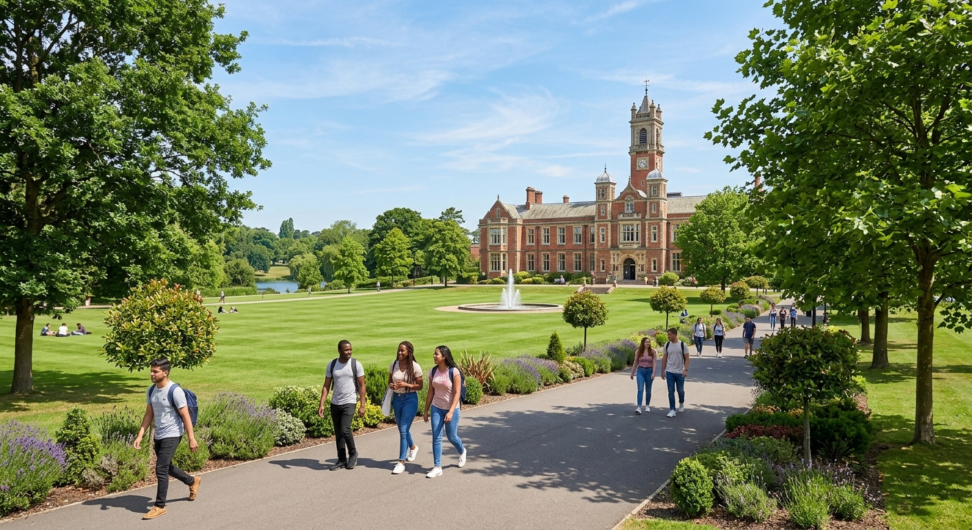 University of Nottingham University Park campus with historic red-brick buildings, lush green lawns, and students walking along tree-lined pathways under a clear sky