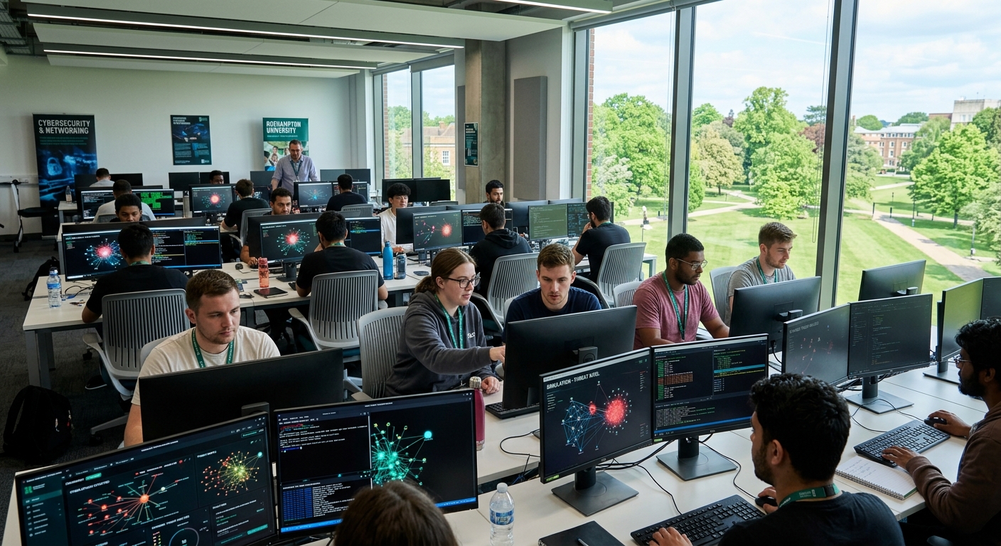 University of Roehampton campus in southwest London, modern computing lab with students working on cybersecurity simulations, green parkland visible through large windows, digital security visualizations on screens