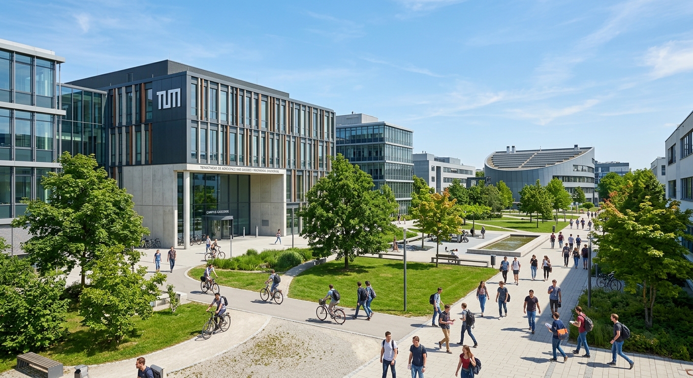 Modern TUM Garching campus with sleek engineering buildings, green courtyard, and students walking between lecture halls under a clear Bavarian sky