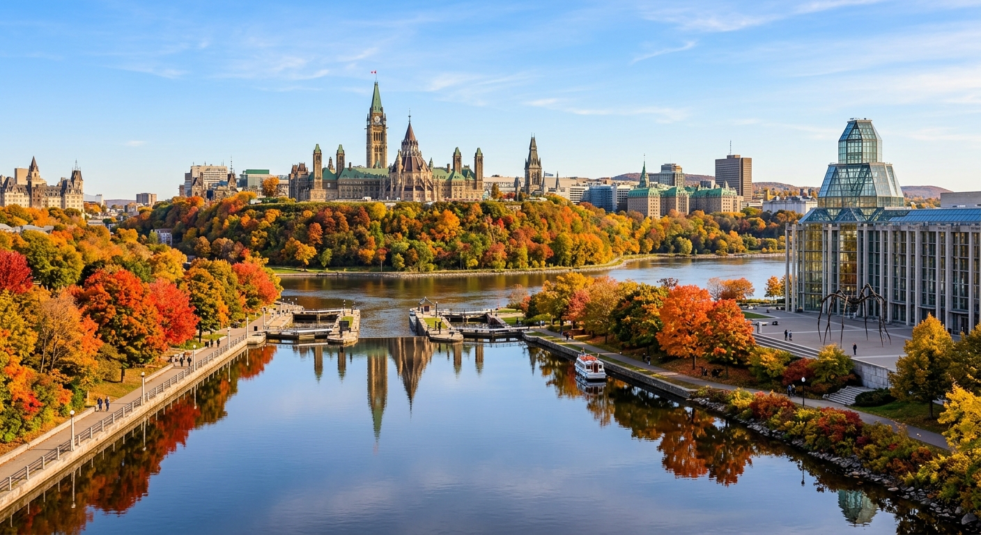 Ottawa skyline featuring Parliament Hill, Rideau Canal, and the National Gallery of Canada, autumn foliage reflecting in the water, clear blue sky